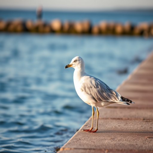 capture a seagull standing by the water's edge in soft natural light with a shallow depth of field, use a DSLR camera with a 50mm lens at f/2.8, ISO 200, and a shutter speed of 1/250s for optimal clarity and vibrant color settings
