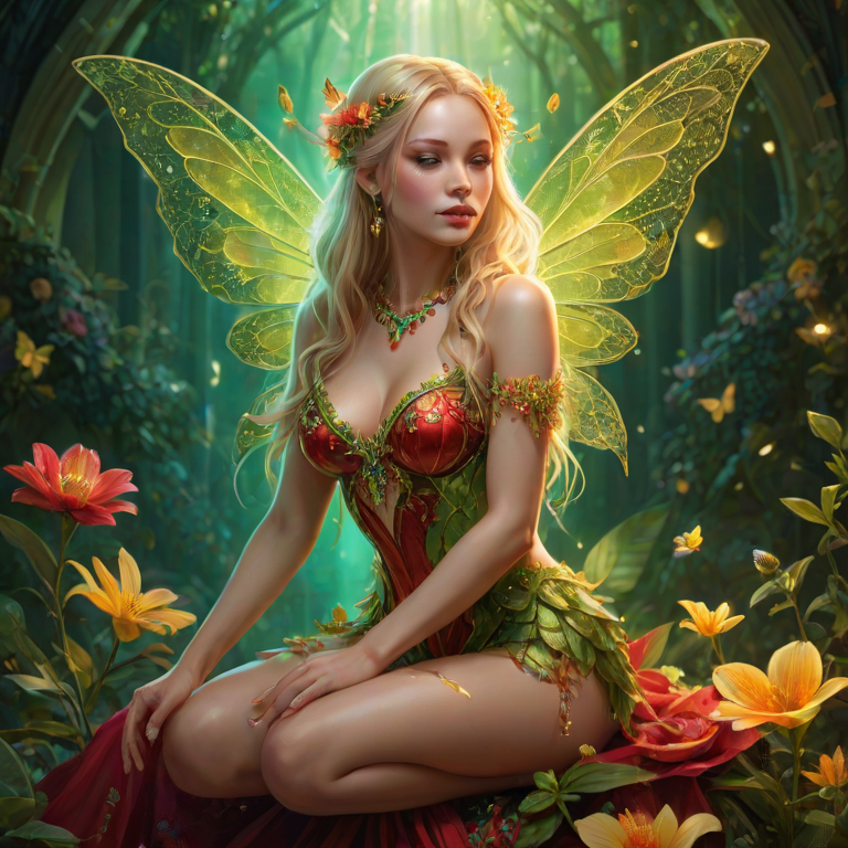 A digital artwork features a winged fairy with delicate Chartreuse butterfly wings, adorned with intricate Pistachio andEmerald patterns. She is seated on a vibrant Electric flower, wearing a revealing red two-piece outfit with sparkling beadwork. Her fair skin, long blonde hair, and gold jewelry add to her ethereal appearance. The background is a warm, golden gradient, creating a magical atmosphere. Small glowing orbs and sparkles surround the flower, enhancing the enchanting, highly detailed, and realistic scene.