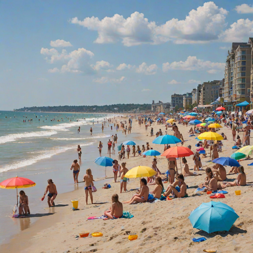 Lively beach scene during summer, with families enjoying the sun, children building sandcastles, and colorful umbrellas dotting the sandy shore, capturing the essence of a perfect day.