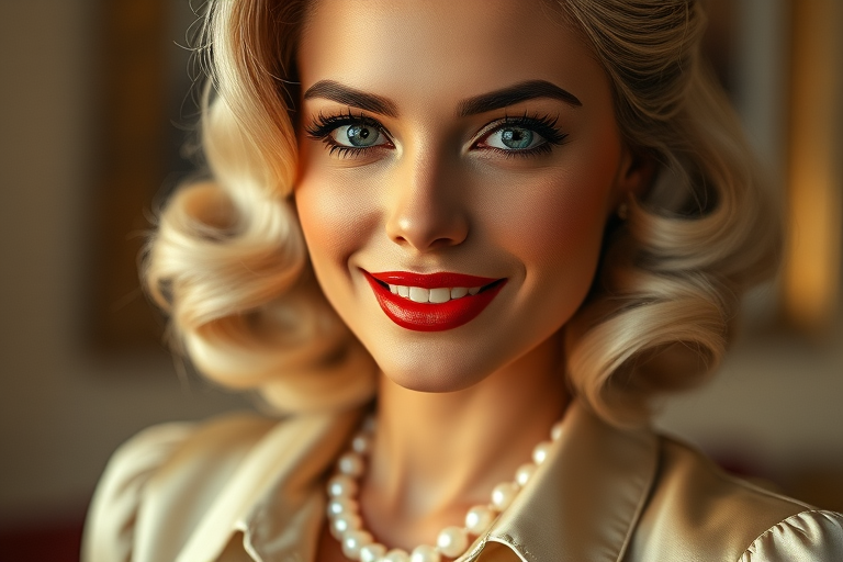 A beautiful Hispanic woman reminiscent of 1950s Hollywood glamour, with perfectly styled blonde hair and a seductive smile, dressed in a satin blouse and adorned with pearls, soft and warm tones, photorealistic, 8K