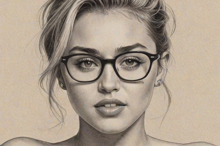 Exquisite Miley Cyrus, pencil sketch, portrait of Fascinating woman 1934s in glasses, hair style beatnik, outline, clear lines, fine lines, 8k