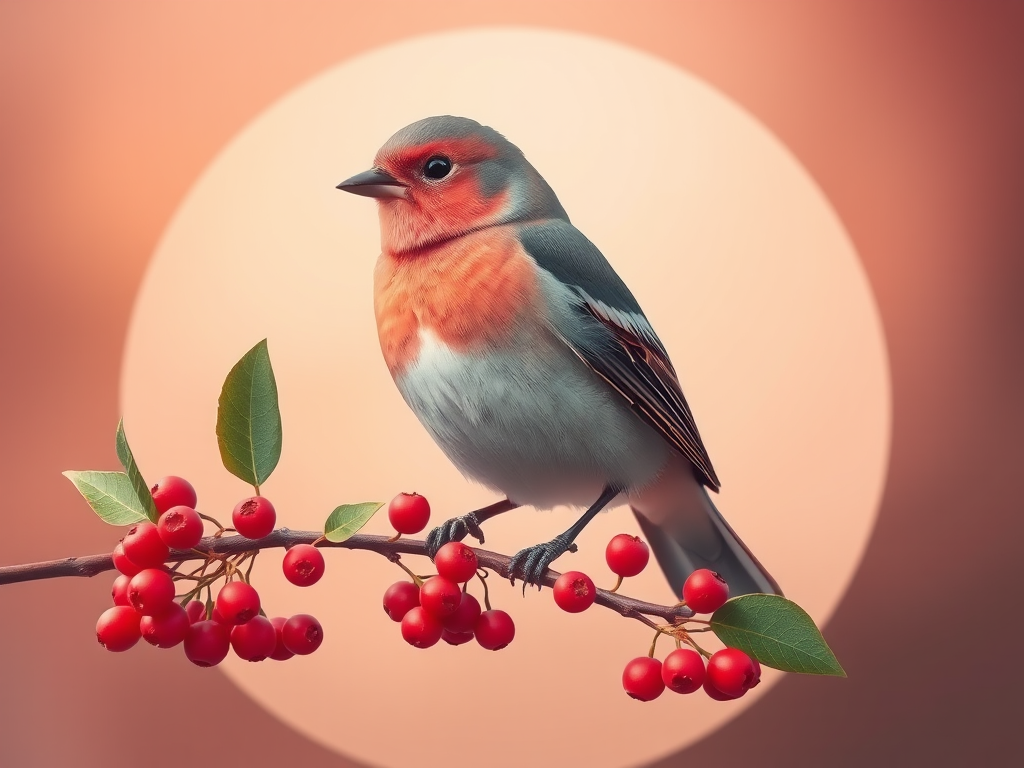 Create a highly detailed digital illustration of a bird perched on a branch with red berries, using a soft pastel color palette, with a warm circular background, in a 3D style; use high-resolution settings, focal length of 50mm, aperture at f/2.8, and a Canon DSLR camera.