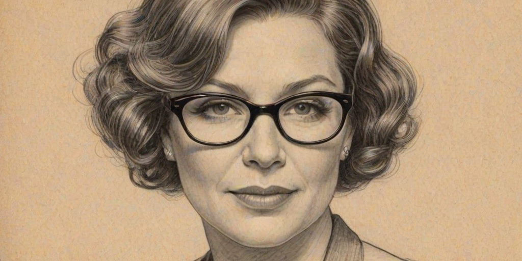 Beauteous Mindy Cohn, pencil sketch, portrait of Exquisite woman 1931s in glasses, hair style beatnik, outline, clear lines, fine lines, 8k
