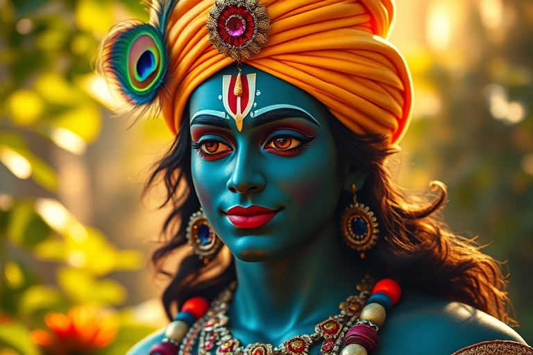 Create a vibrant portrait of a celestial figure inspired by Krishna, with intricate jewelry and a colorful peacock feather in the turban, set against a lush backdrop illuminated by soft, ethereal light, using a DSLR camera with a 50mm f/1.8 lens, ISO 100, aperture f/2.8, and a shallow depth of field for a dreamy effect.