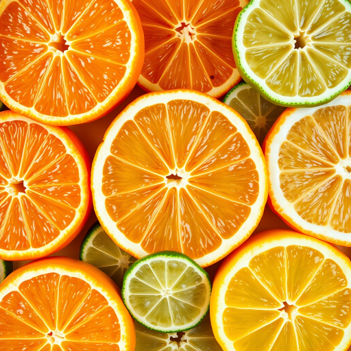 Create a high-resolution image of sliced citrus fruits, including oranges, limes, and lemons, arranged in a vibrant and colorful pattern, using a macro lens at f/2.8 aperture, ISO 100, 1/125 sec shutter speed, top-down view, natural lighting, digital camera.