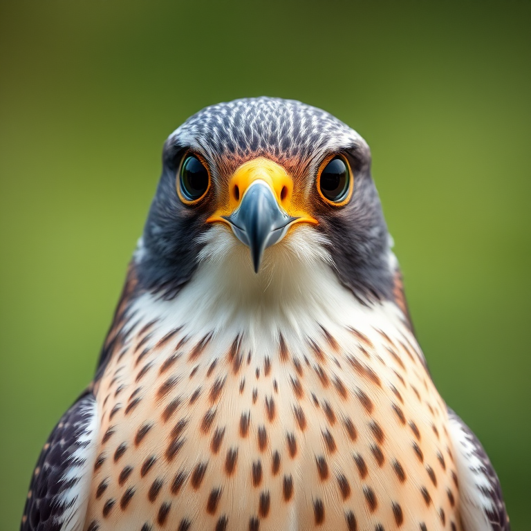 A close-up portrait of a peregrine falcon with sharp focus on its face, captured with a DSLR camera, 85mm lens, aperture set to f/2.8 for a blurred background, ISO 200, natural daylight, emphasizing the vibrant colors and fine details of the plumage.