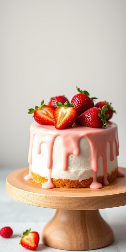 Create an image of a small round cake on a wooden cake stand with pink icing dripping down the sides and topped with fresh strawberries and a few sliced strawberries. The background should be simple and light to enhance the focus on the cake.