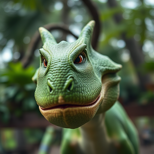 Create an image of a green dinosaur with a humorous facial expression, captured from a low-angle view with a 50mm lens at f/1.8, using a high-resolution DSLR camera to enhance detail and clarity.