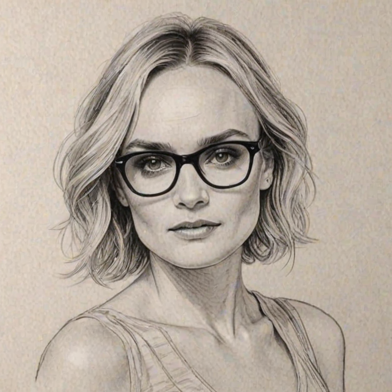 Beauteous Diane Kruger, pencil sketch, portrait of Appealing woman 1972s in glasses, hair style beatnik, outline, clear lines, fine lines, 8k