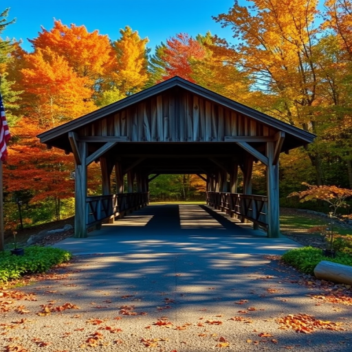 A picturesque covered bridge surrounded by autumn foliage, captured with a Canon EOS R5, 24mm lens, f/8 aperture, ISO 100, 1/200 sec shutter speed, using a wide-angle view for vibrant colors and sharp details in a sunny landscape.