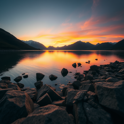 Create an image of a scenic landscape during sunset over a calm lake surrounded by mountains, with soft, warm colors reflecting on the water, taken with a Canon EOS R5 at f/8, ISO 100, 24mm focal length, using a wide-angle lens and a low-angle view for depth.