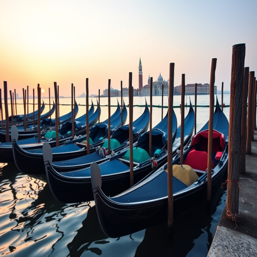 A serene waterfront scene featuring traditional gondolas lined along wooden poles at sunrise, with a soft focus on the vibrant colors of the boats reflecting in the water, shot with a Canon EOS R5, 24mm lens, f/8 aperture, 1/100s shutter speed, ISO 100, 5:4 aspect ratio, wide-angle view for expansive detail and clarity.