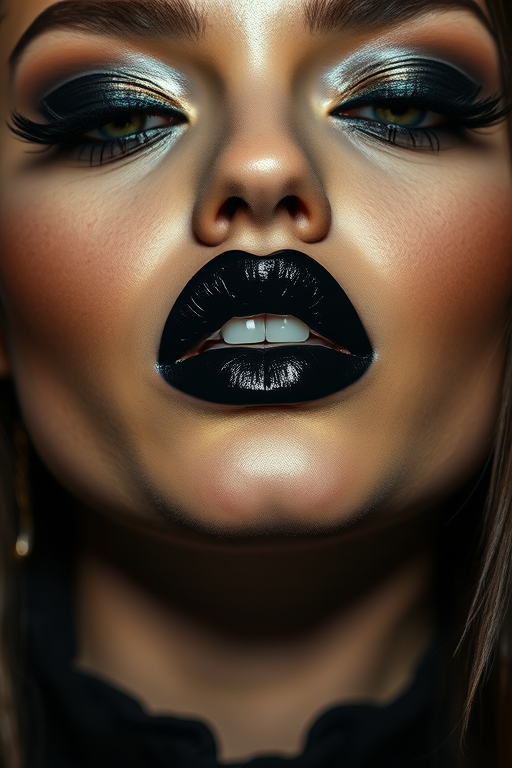 Dramatic woman lips accentuated by bold black lipstick with metallic sheen, full face portrait exuding edgy confidence and mysterious allure