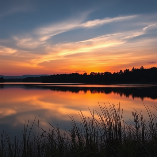 Generate a high-resolution image of a sunset over a calm lake, taken with a DSLR camera at f/8 aperture, ISO 100, 50mm lens, with a landscape orientation and HDR style.