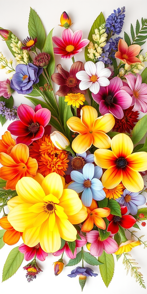 create a vibrant floral illustration with a variety of colorful flowers and leaves arranged artistically, use a DSLR camera with a 50mm lens at f/2.8 for shallow depth of field, captured in natural light from the side to enhance details and colors, shot at a slightly elevated angle for dynamic composition.