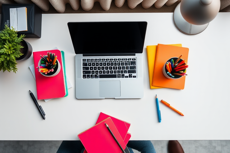 a modern workspace with a laptop on a clean desk, surrounded by colorful notebooks, pens, and a pencil holder filled with writing instruments, soft natural lighting, shot with a DSLR camera at f/2.8, 1/60s shutter speed, ISO 200, top-down view, vibrant colors and high detail.