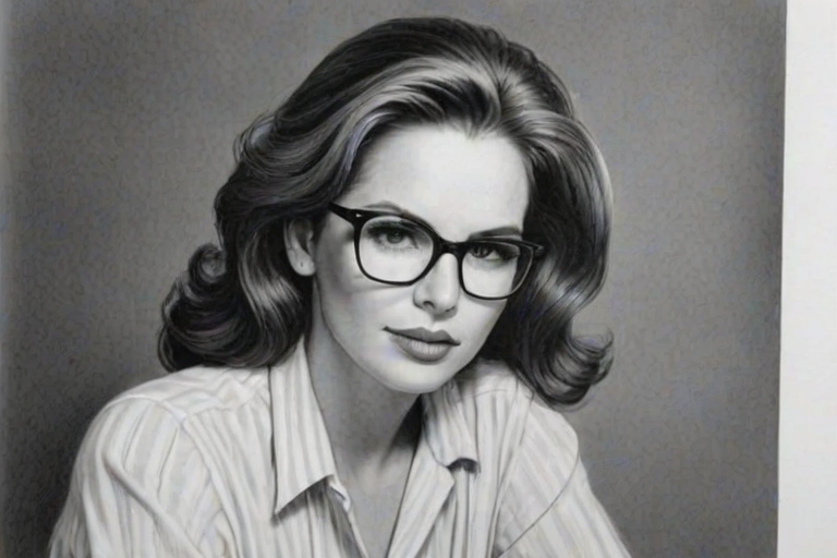 Stunning Melissa Gilbert, pencil sketch, portrait of Enticing woman 1942s in glasses, hair style beatnik, outline, clear lines, fine lines, 8k