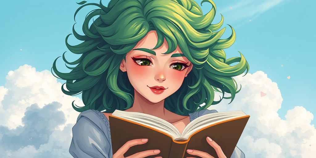 Create an illustration of a young woman with vibrant, voluminous green hair, reading a book while surrounded by fluffy clouds, captured with a Canon EOS R5, 50mm lens, f/1.8, ISO 100, in bright natural light, using a soft focus style to enhance the dreamy atmosphere.