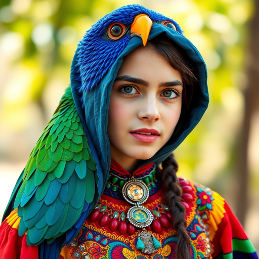 A beautiful Turkish girl, wearing colorful bird clothing with vibrant colors