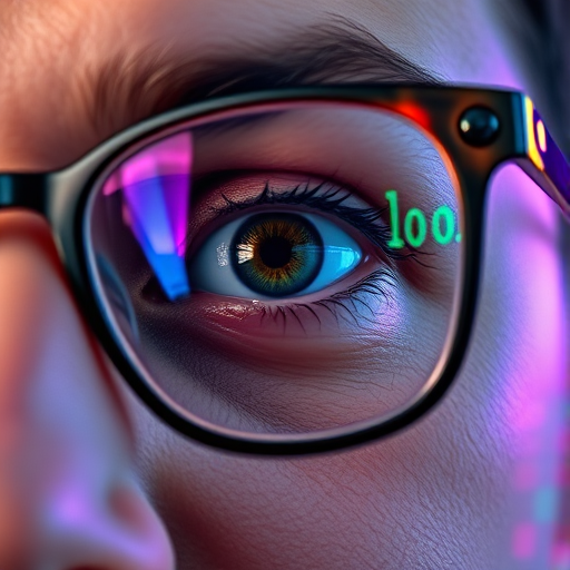 Close-up shot of a person's eye reflected in glasses, with vibrant neon code and digital elements in the background, shot with a Canon EOS R5, 50mm lens, f/1.8, ISO 200, at 1/200 sec, using a shallow depth of field to create a bokeh effect.