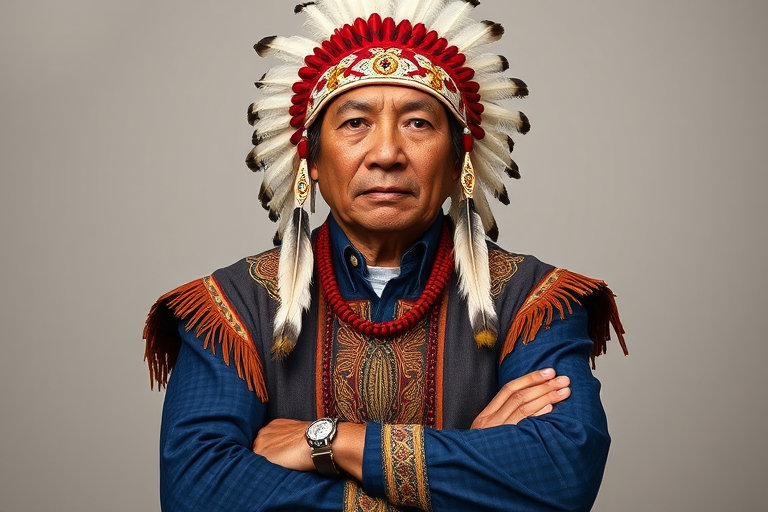 Create a dignified portrait of a Native American man dressed in traditional attire. He wears a beautifully crafted headdress adorned with white feathers and red beads, along with a beaded headband featuring intricate patterns. His clothing includes a deep blue, patterned shirt and a traditional chest piece with detailed beadwork. His arms are crossed, displaying leather armbands decorated with feathers. The background is simple and neutral, emphasizing his proud and stoic expression. The overall image captures the rich cultural heritage and strength of his persona.