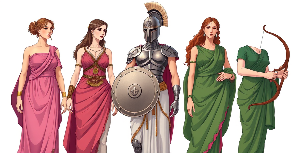 Regenerate an illustration of three ancient Greek goddesses standing side by side: one in a pink flowing dress, one in armor with a helmet holding a shield, and one in a green dress holding a bow, captured in high resolution with a DSLR camera, aperture f/8, focal length 50mm, and a soft light setting for enhanced detail and color vibrancy.