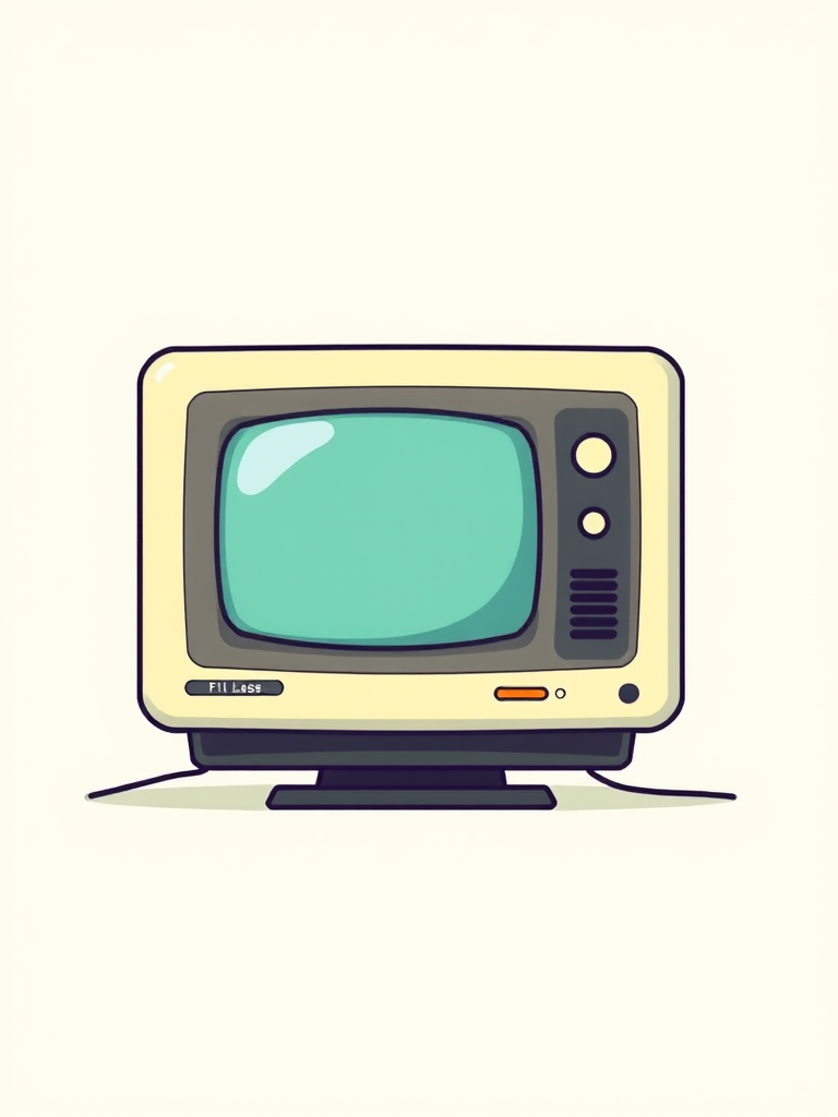 create a retro computer monitor illustration with a soft color palette using a wide-angle lens at f/4, ISO 100, and a 50mm focal length to enhance depth and clarity in a flat design style.