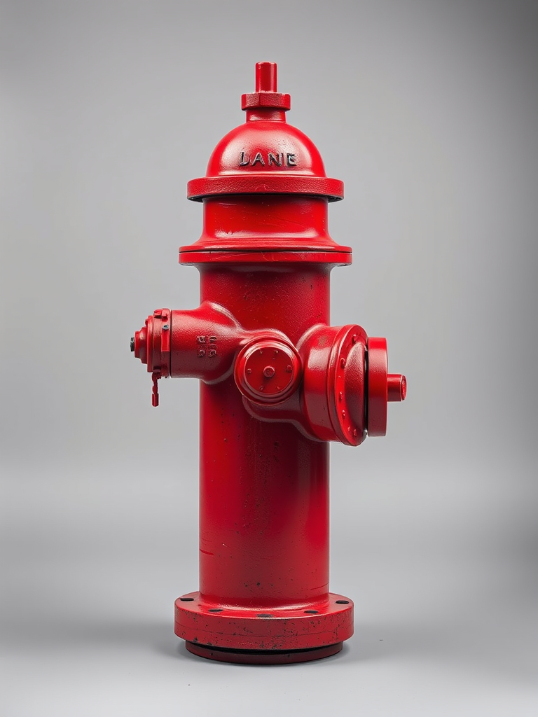 Create a high-resolution image of a red fire hydrant in a studio setting with a DSLR camera using a 50mm lens, aperture f/8, shutter speed 1/125s, ISO 100, with soft lighting for enhanced detail and contrast.