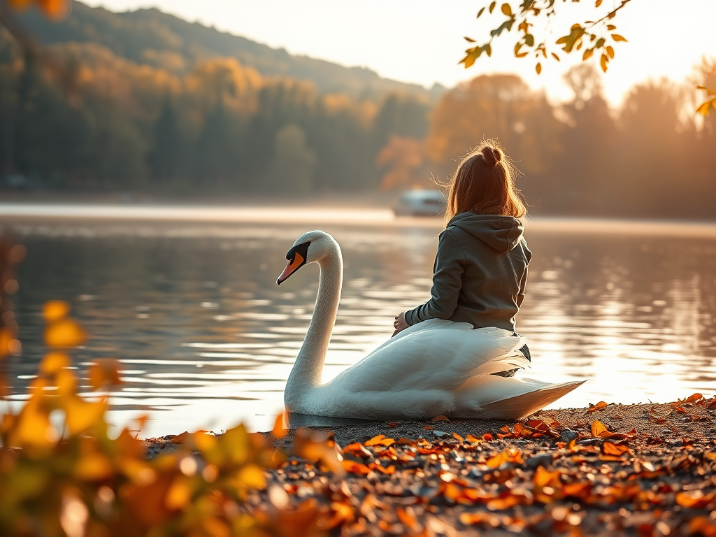 Regenerate a serene lakeside scene with a person sitting beside a swan, surrounded by autumn foliage, soft focus, golden hour lighting, using a DSLR camera at f/4 aperture, 50mm lens, ISO 100, natural light, high dynamic range.