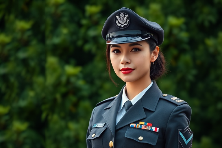 Generate an image of a woman in a formal military uniform with a beret, standing confidently in front of a lush green background, captured with a DSLR camera at f/2.8 aperture, 1/125 sec shutter speed, ISO 100, in a portrait view with natural lighting.