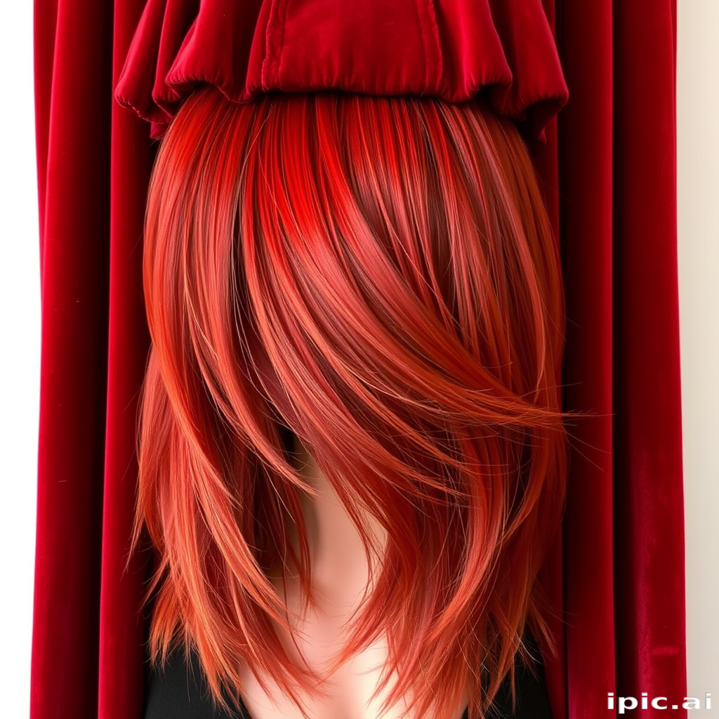 Fiery red velvet curtain bangs framing a long layered cut with subtle copper highlights, creating dimension and movement reminiscent of flickering flames