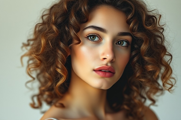 Create a portrait of a young woman with curly hair, soft expression, and a watercolor effect, shot with a Canon EOS R5, using an 85mm f/1.2 lens, at ISO 100, aperture f/2.8, and a shallow depth of field to enhance detail and texture.