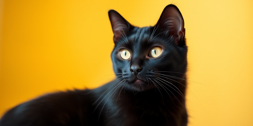black cat portrait with a blurred yellow background, aperture f/2.8, shutter speed 1/500s, ISO 200, taken with a DSLR camera in portrait mode, natural lighting