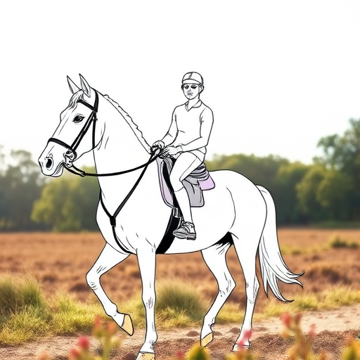 Generate a high-quality line drawing of a person riding a horse, with the camera set to 35mm focal length, aperture f/8 for depth of field, soft natural lighting, using a DSLR camera in portrait orientation.