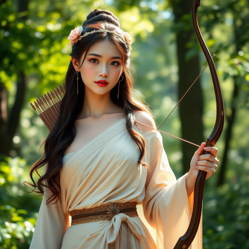 Create a portrait of a goddess-like Chinese girl figure in a tranquil, forested environment. She has an elegant appearance with long, wavy hair styled in an updo and adorned with a delicate, floral headband. She wears a flowing, ancient Greek-inspired gown in a soft, pale color, featuring a one-shoulder design and draped fabric that accentuates her graceful form. The outfit includes a decorative belt with ornate gold detailing, and she holds a bow in her hand, with a quiver of arrows slung over her shoulder. The background depicts lush greenery, with sunlight filtering through the trees, casting a gentle, ethereal light on the scene. Her expression is calm and contemplative, embodying a sense of wisdom and serenity.