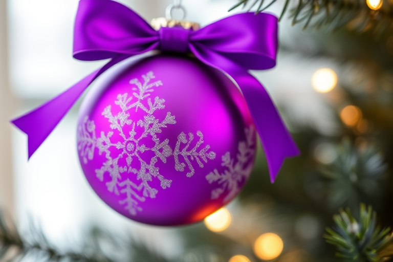 Generate a high-resolution image of a purple Christmas ornament with intricate snowflake designs and a decorative bow, captured with a DSLR camera at f/2.8 aperture, 50mm lens, ISO 100, in a soft natural light setting, with a shallow depth of field to create a blurred background.