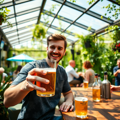 A vibrant outdoor bar scene featuring a smiling young man toasting with a beer under a glass roof surrounded by greenery, captured with a DSLR camera at f/2.8 aperture, 35mm lens, ISO 100, bright sunlight for warm tones, and a shallow depth of field for enhanced focus on the subjects.