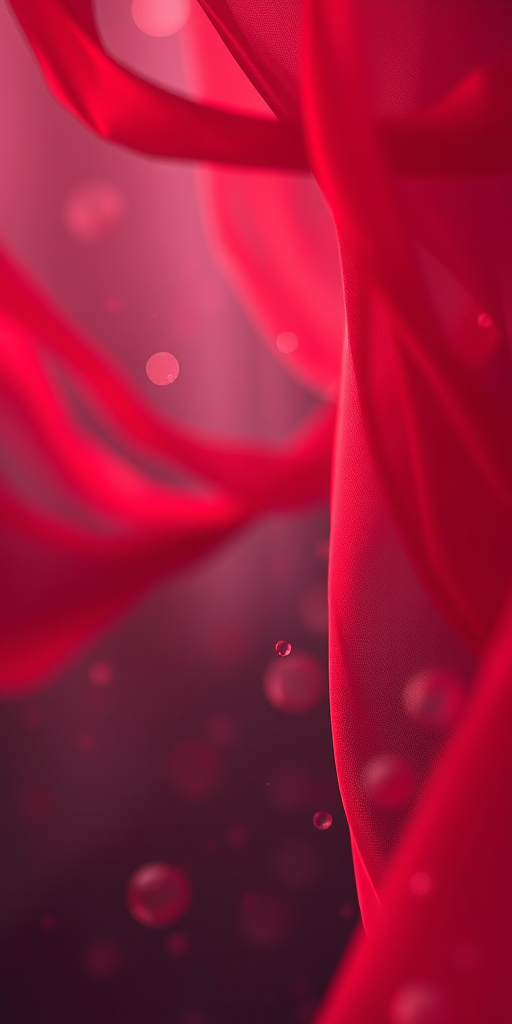 Create an abstract background with soft flowing red fabric and shimmering particles, taken with a Canon EOS R5, 50mm lens, f/1.8 aperture, ISO 100, and a shallow depth of field to enhance richness and detail.
