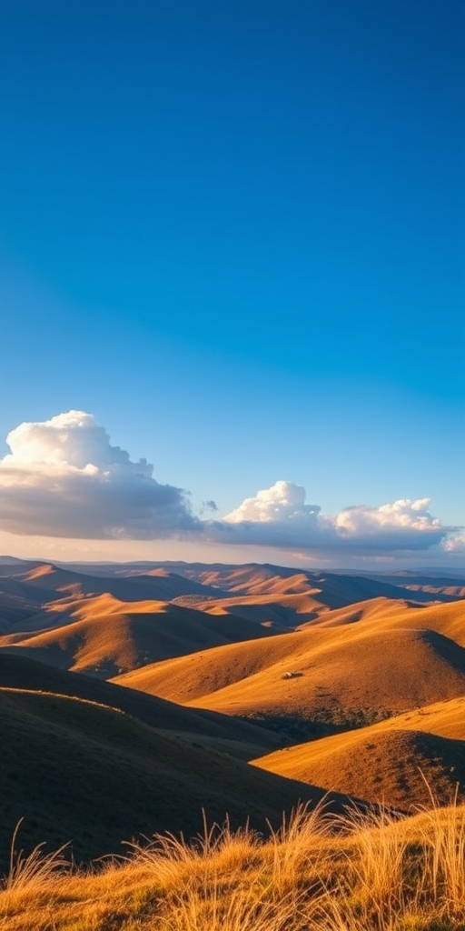 Create a high-resolution image of a serene landscape featuring rolling hills and a bright blue sky with fluffy clouds, using a Canon EOS R5 camera, 24mm lens, f/8 aperture, ISO 100, in natural light during golden hour for enhanced color vibrancy and sharpness.