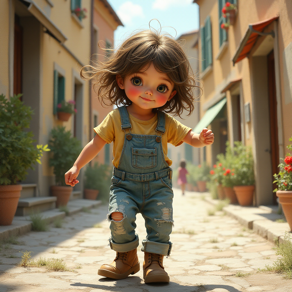 Whimsical little 3-year-old girl wearing scruffy tomboy clothes, boots, messy hair heavily blushed cheeks, pink lips, closely dancing in the street of an Italian village,Textured painterly fantasy artistic mixed media