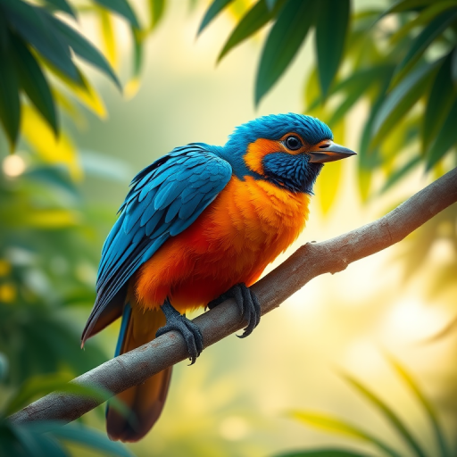 Create a vivid illustration of a fantastical bird with vibrant blue and orange plumage perched on a tree branch in a lush jungle setting, with soft sunlight filtering through the leaves, shot with a Canon EOS R5 at f/2.8, 1/200s, ISO 100, using a macro lens for enhanced detail and depth of field.
