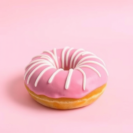 Create a high-resolution digital illustration of a pink frosted donut with white icing drizzles, using a soft studio light setup, shot with a 50mm lens at f/2.8 to create a shallow depth of field, in a clean pastel background.