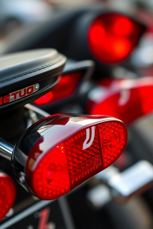 A close-up shot of motorcycle tail lights in a row, shallow depth of field, f/2.8, 50mm lens, 1/250s shutter speed, ISO 100, taken with a DSLR camera, natural light, focus on the shimmering chrome and red glass against a soft blurred background.