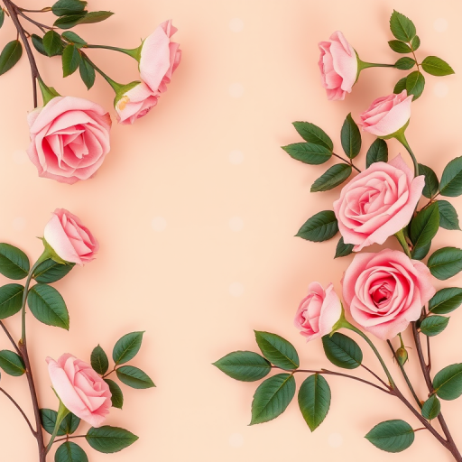 Create a floral frame with pink roses and green leaves on a soft peach background with polka dots, using a Canon EOS R5, 50mm lens, f/2.8 aperture, and natural soft lighting to enhance the colors and details.