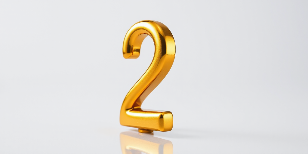 Create a high-resolution image of the number 2 in a shiny gold font on a transparent background, using a macro lens at f/2.8 for a shallow depth of field, shooting with a DSLR camera from a 45-degree angle to capture highlights and reflections, in studio lighting to enhance the metallic effect.