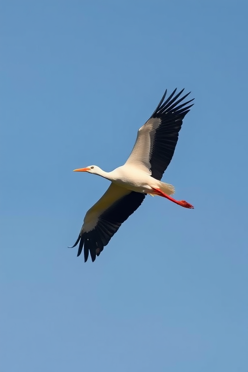 Capture a white stork in mid-flight against a clear sky with a Canon EOS 5D Mark IV, 85mm f/1.8 lens, aperture set to f/4, shutter speed 1/1000s, ISO 200, using a high-speed continuous shooting mode.