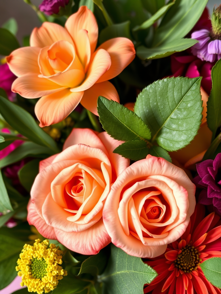Create a vibrant floral arrangement featuring a peach-colored flower, a pink rose, and various green leaves, captured with a DSLR camera at f/2.8 aperture, ISO 100, 50mm lens, in natural light, with a shallow depth of field for enhanced detail and richness.