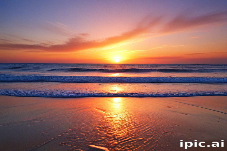 Stunning Sunset Over Serene Ocean Waves with Vibrant Colors Reflecting