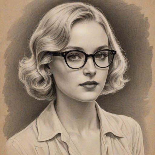 Exquisite Alyvia Alyn Lind, pencil sketch, portrait of Sublime woman 1929s in glasses, hair style beatnik, outline, clear lines, fine lines, 8k