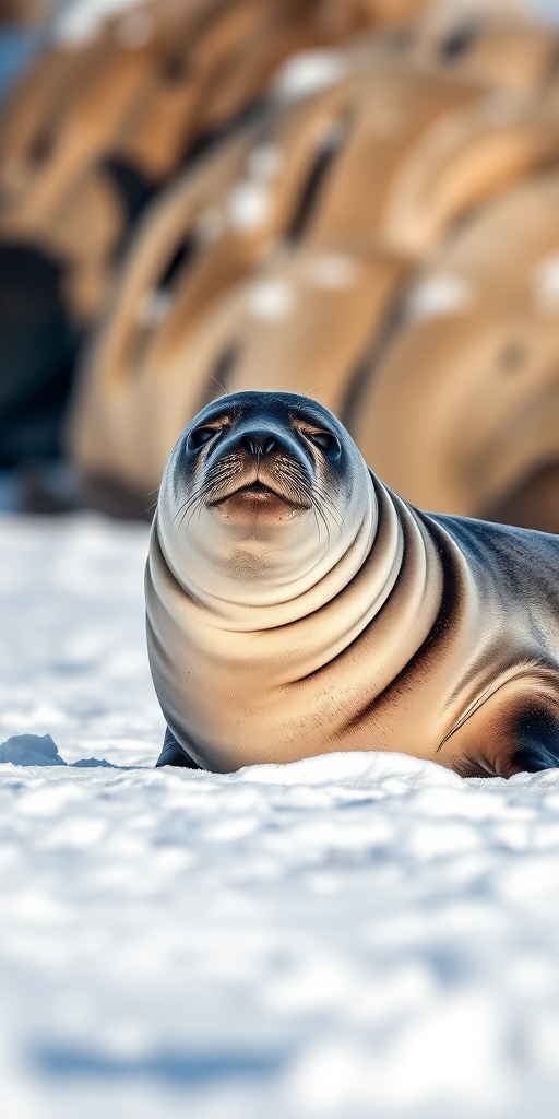 Capture a high-resolution image of a seal resting on a snowy beach during bright daylight, using a DSLR camera with a 300mm f/4 lens, aperture set to f/8, ISO 100, shutter speed 1/1000s, in a close-up view with a shallow depth of field to enhance clarity and detail in the foreground.
